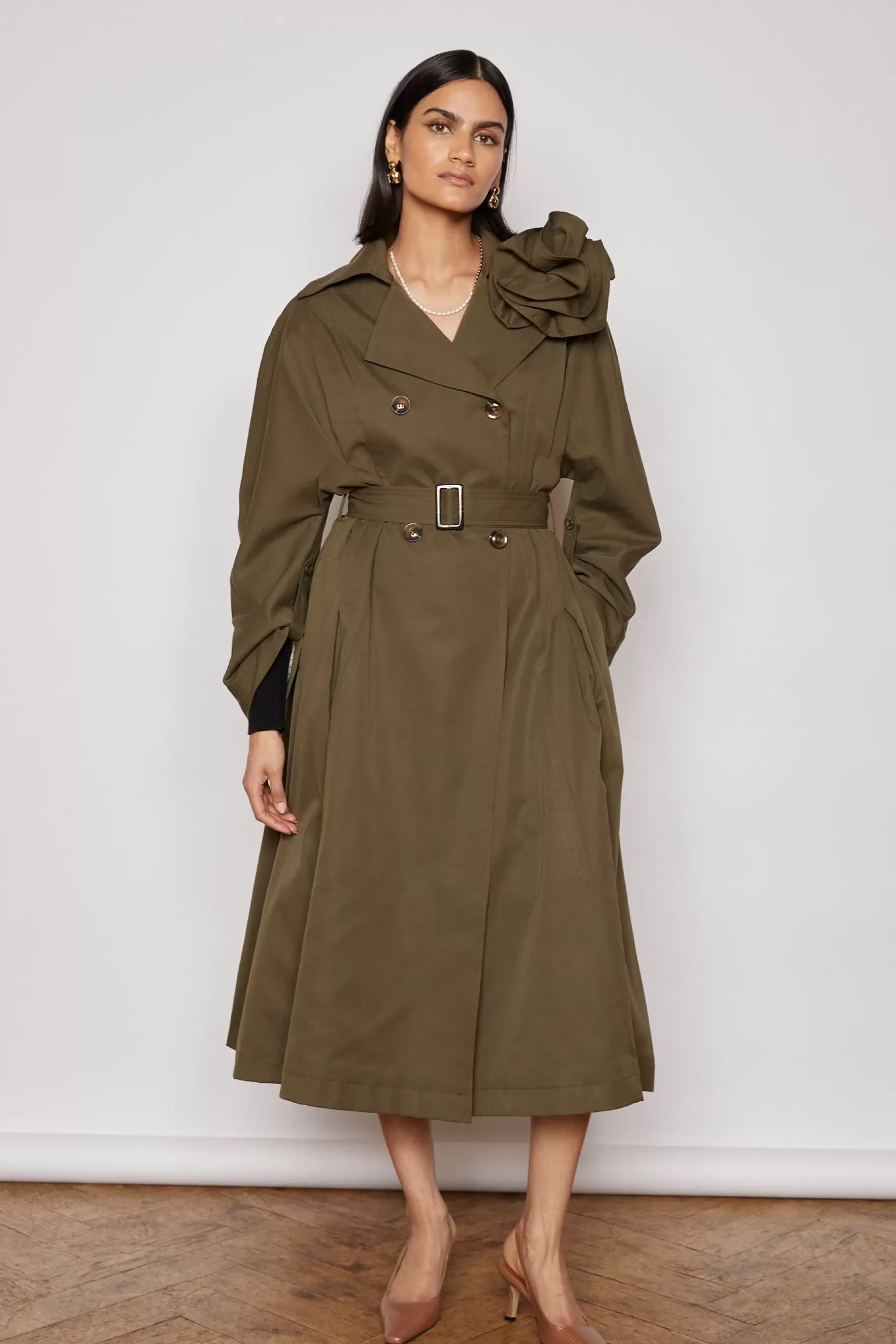 Jovonna London Jackets/coats | The Party Edit^NAVI 2 TRENCH WITH CORSAGE IN KHAKI